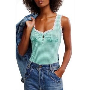FREE PEOPLE Cassie Gingham Ruffle Bodysuit In Green White Combo Size L
